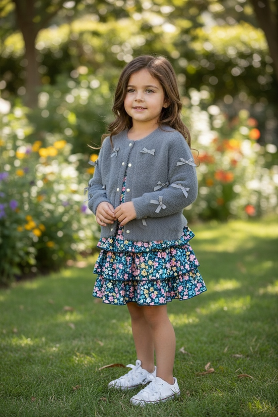 Gray button up cardigan with peal buttons. TPG52053 AMY