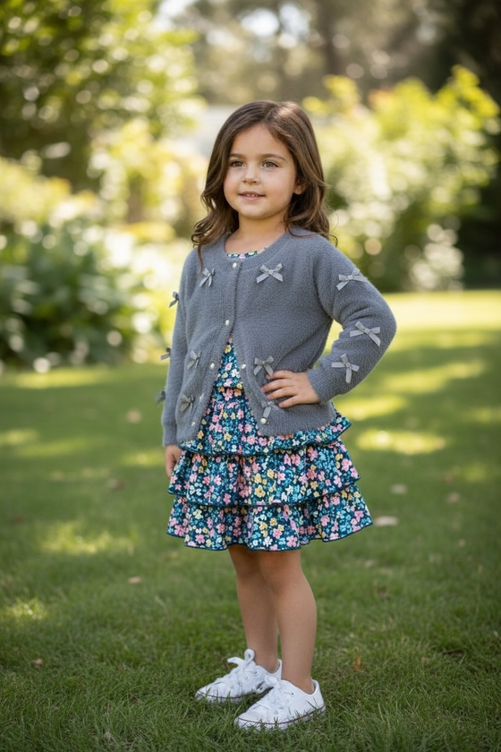 Gray button up cardigan with peal buttons. TPG52053 AMY