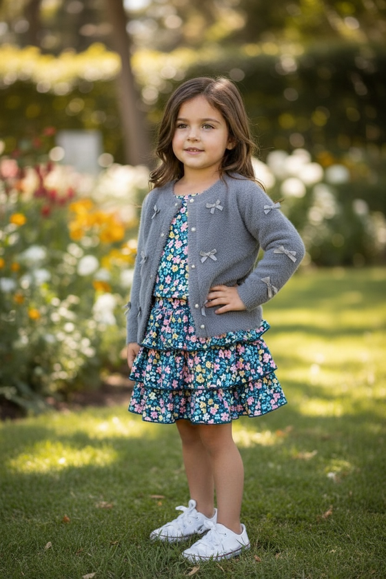 Gray button up cardigan with peal buttons. TPG52053 AMY