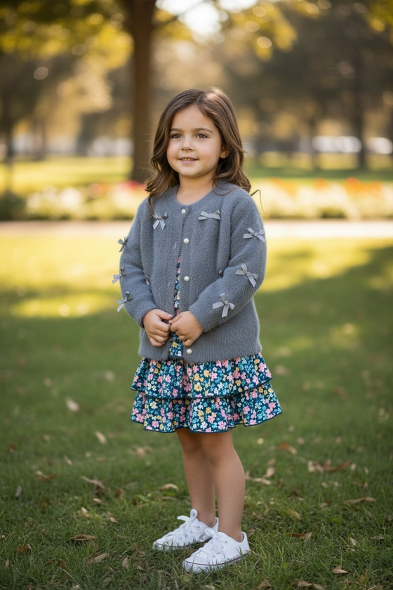 Gray button up cardigan with peal buttons. TPG52053 AMY