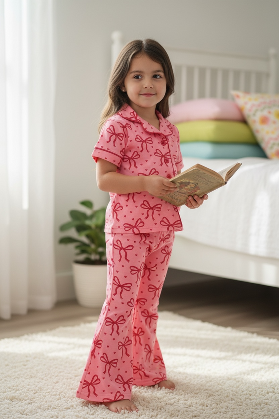 Pink coquette bow printed pajamas. PJG60006 AMY