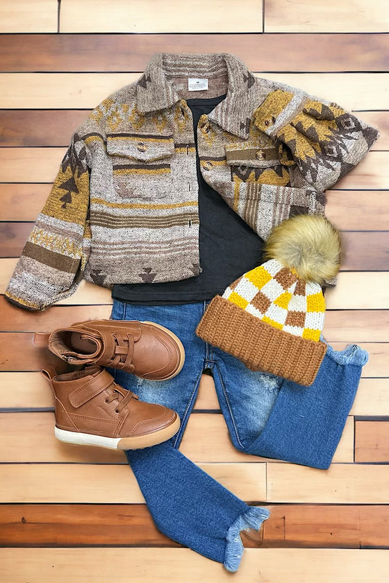 GOLDEN TAN TONE GEOMETRIC PRINTED CROP SHACKET. TPG651122245AMY