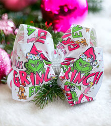  Grinch printed character double layer hair bows w/ rhinestones. 4pcs/$10.00 bw-dsg-936