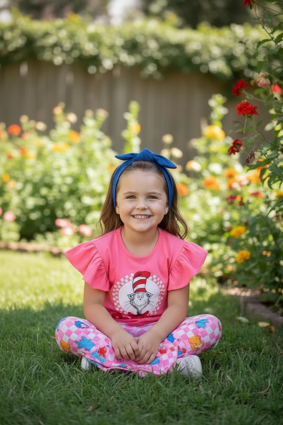 Pink ruffle sleeve Dr. S multi printed 2 piece set. OFG60222 SOL