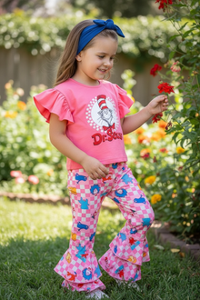  Pink ruffle sleeve Dr. S multi printed 2 piece set. OFG60222 SOL