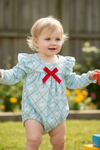 Geese printed on lt. blue baby romper with snaps and angel sleeves. RPG60190 SOL