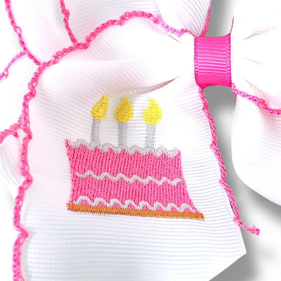 5" Birthday cake embroidered hair bow with moon stitch trim. 3pcs/$12.00 BW-DSG-B302