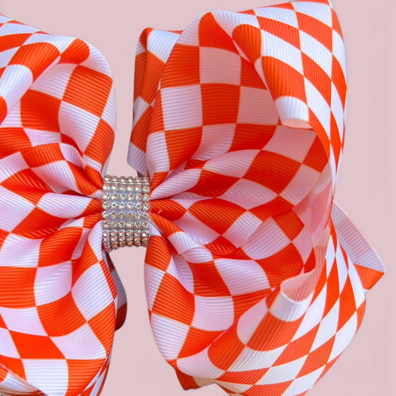6.5" White & Orange checkered printed double layer hair bows. 4pcs/$10.00 BW-DSG-B255