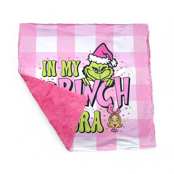 32" x 32"Pink plaid Grinc* baby blanket with faux fur. BL060302-32*32inches