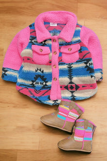  Hot pink & aztec printed sherpa shacket. TPG60153011 AMY