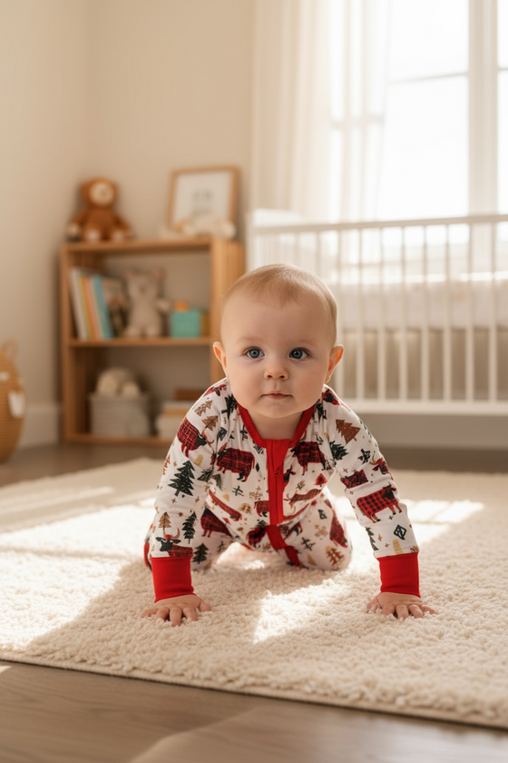 Plaid bull printed baby onesie with fold over footie and hands. LR080710 AMY