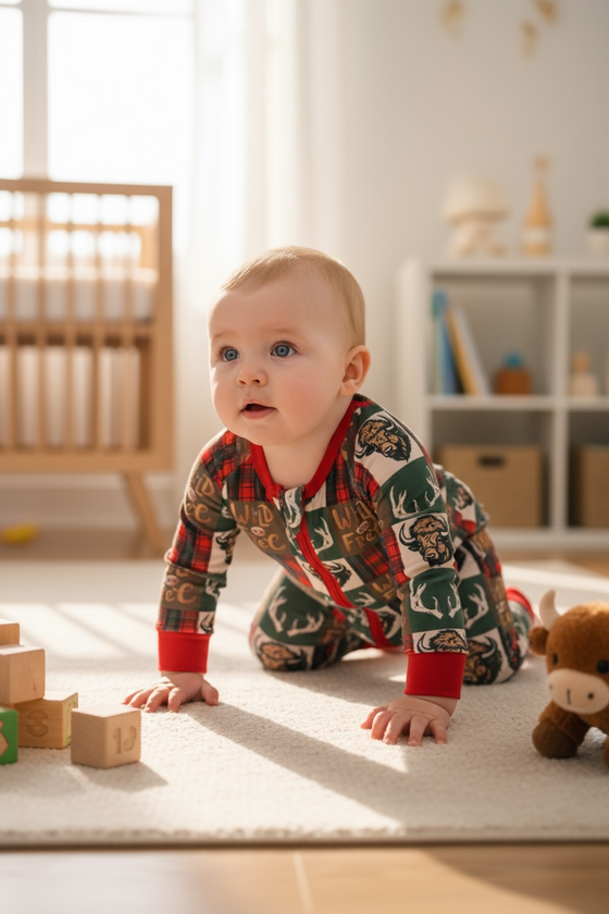 Wild & free Bison printed baby onesie with fold over footie and hands. LR073004 SOL