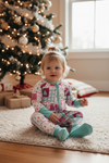 Merry & Bright multi-printed Christmas baby onesie with fold over footie and hands. LR073007 SOL