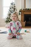 Merry & Bright multi-printed Christmas baby onesie with fold over footie and hands. LR073007 SOL