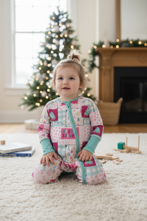 Merry & Bright multi-printed Christmas baby onesie with fold over footie and hands. LR073007 SOL