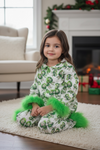 Bow printed on white pajamas with feather trim. GLP080718 SOL