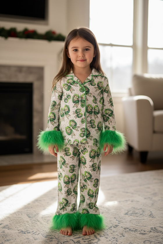 Bow printed on white pajamas with feather trim. GLP080718 SOL