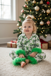 Bow printed on white pajamas with feather trim. GLP080718 SOL