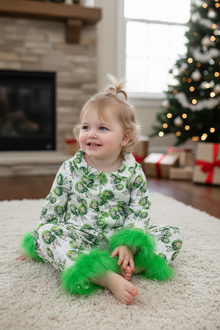  Bow printed on white pajamas with feather trim. GLP080718 SOL