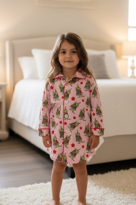 Pink Christmas character printed pajama dress. GT073011-JEAN