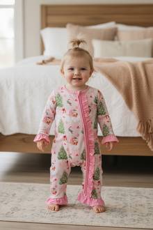  Santa printed on pink with ruffle hem & ruffle butt onesie. LR080713-SOL