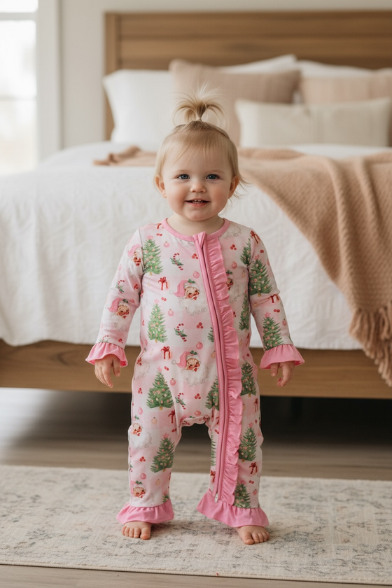 Santa printed on pink with ruffle hem & ruffle butt onesie. LR080713-SOL