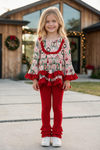 Christmas printed pink tunic with red ruffle hem and red leggings. OFG63278 AMY