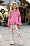 Pink Christmas long sleeve top with ruffle hem and Christmas printed bottoms. OFG62970 AMY