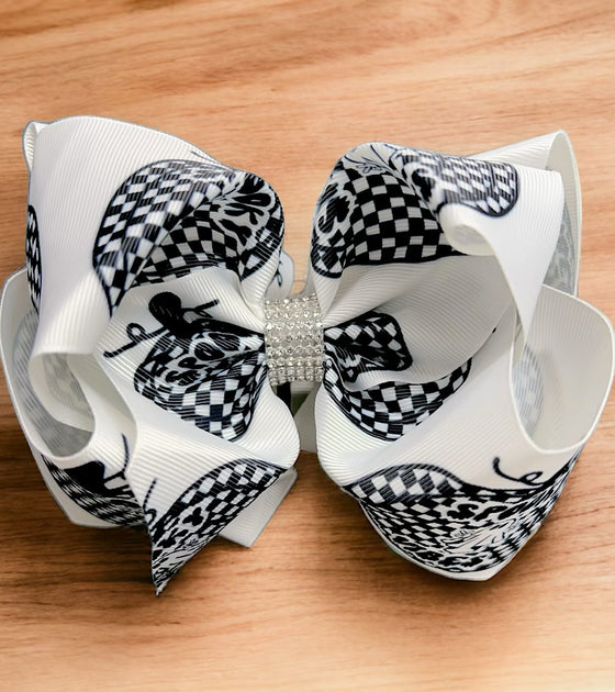 Spooky Checker printed double layer hair bows. (6.5"wide 4pcs/$10.00) BW-DSG-918