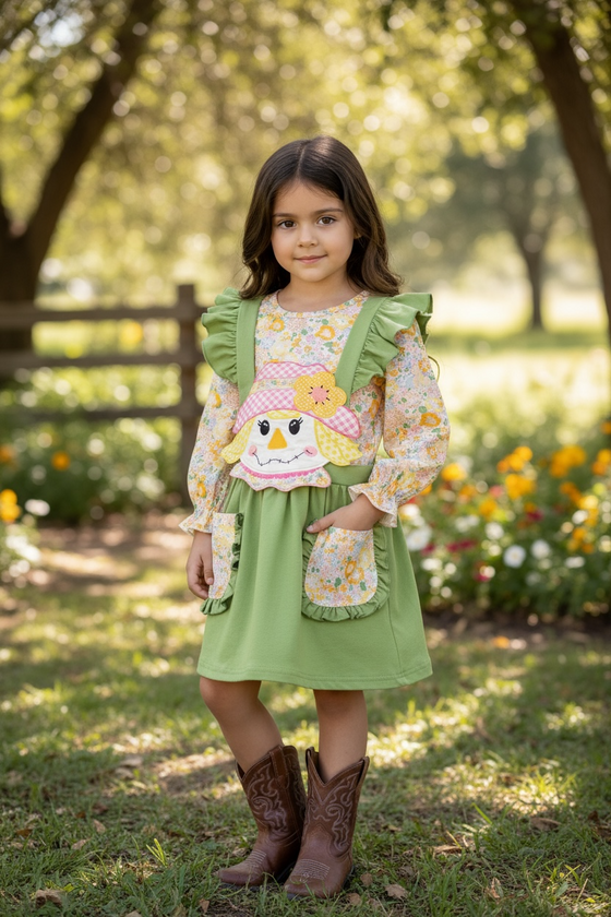 Scarecrow suspender dress with floral undershirt. OFG52155  SOL