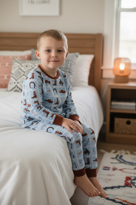 Boys LT. blue multi printed western pajamas. PJB60001 SOL