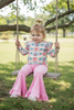 Cherry printed long sleeve top and soft velvety bell bottoms. OFG60078 SOL