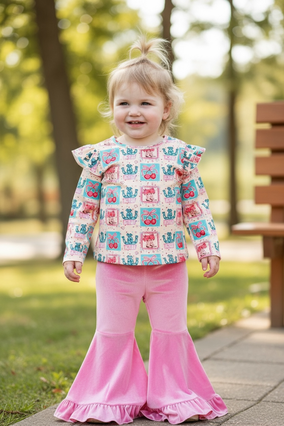 Cherry printed long sleeve top and soft velvety bell bottoms. OFG60078 SOL