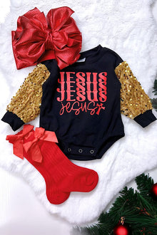  Jesus, Jesus,Jesus" printed on black baby onesie with golden sequins sleeves.RPG50133091 021Wen