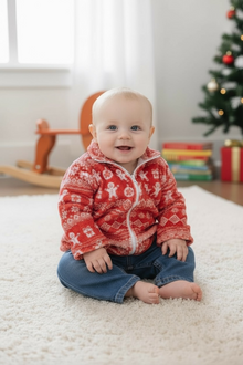  Ginger cookie-Red Christmas printed zip up jacket.  TPG51622 JEAN
