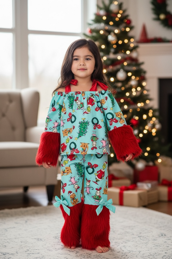 Christmas character 2 piece set on pink with red fur. OFG51177 JEAN