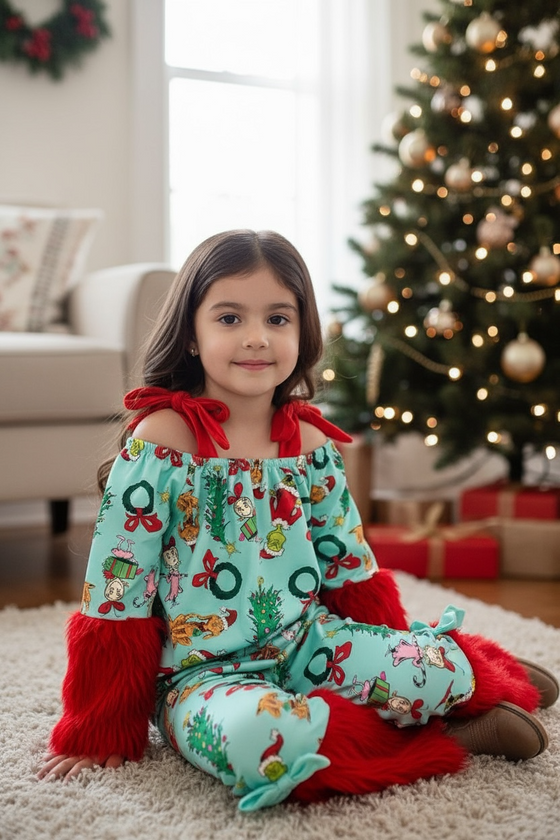 Christmas character 2 piece set on pink with red fur. OFG51177 JEAN