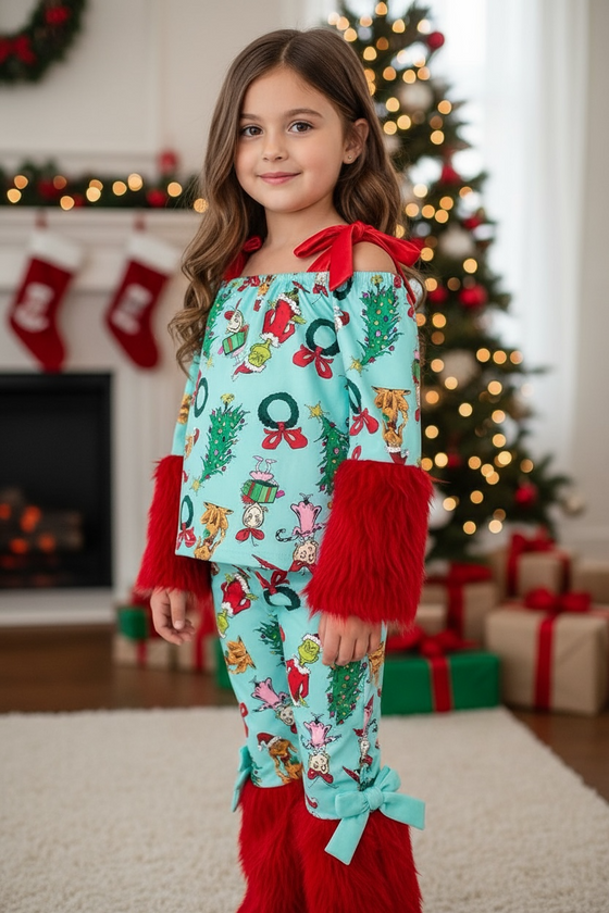 Christmas character 2 piece set on pink with red fur. OFG51177 JEAN