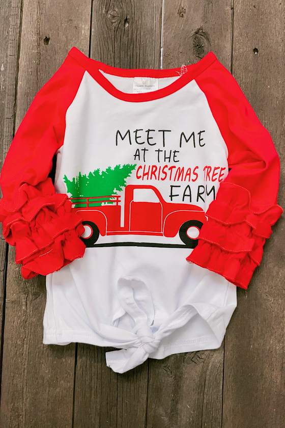 MEET ME AT THE CHRISTMAS TREE FARM" GRAPHIC RAGLAN WITH RUFFLE SLEEVE.  CXSY-012297-jean