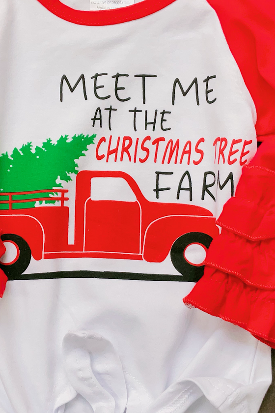 MEET ME AT THE CHRISTMAS TREE FARM" GRAPHIC RAGLAN WITH RUFFLE SLEEVE.  CXSY-012297-jean