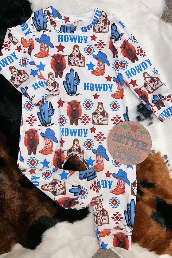 Howdy" Highland cow printed boys romper. LR062103-AMY