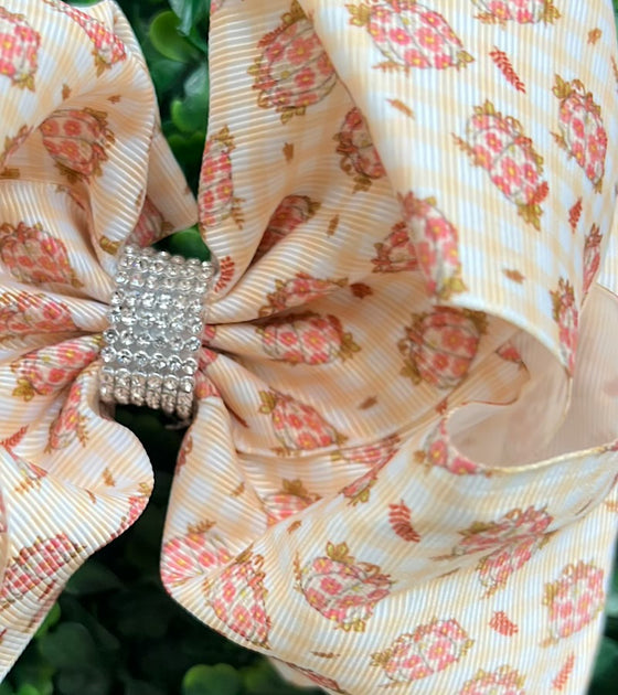 6.5" Cream gingham & pumpkin printed double layer hair bows. BW-DSG-B240