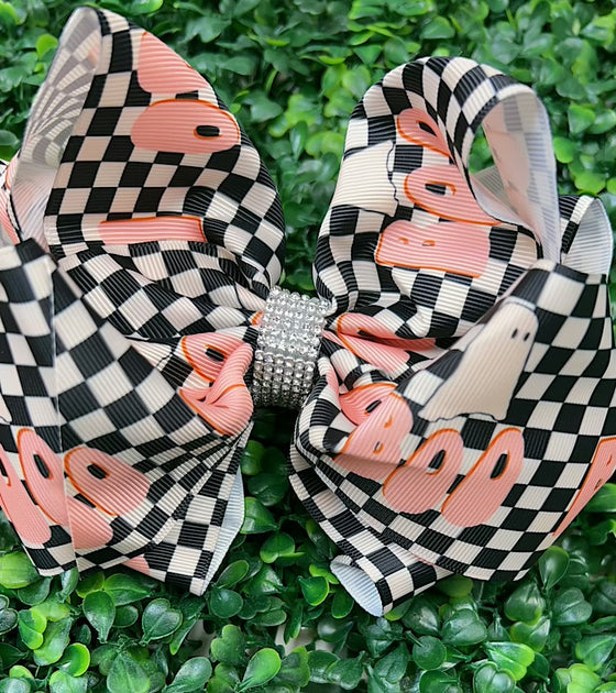 6.5"Boo checkered printed double layer hair bows. 4pcs/$10.00 BW-DSG-B241