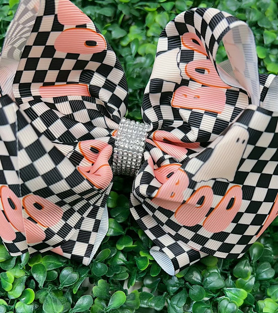 6.5"Boo checkered printed double layer hair bows. 4pcs/$10.00 BW-DSG-B241