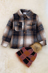 Brown/black plaid shacket with front pockets. TPB60203001 AMY
