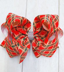  GREEN,GOLD,RED PLAID PRINTED 7.5" WIDE DOUBLE LAYER HAIR BOWS. 4PCS/$10.00 BW-DSG-272
