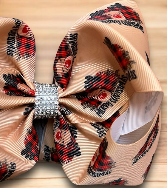 Merry Christmas/Plaid & reindeer printed  double layer hair bows. (6.5"wide 4pcs/$10.00) BW-DSG-906