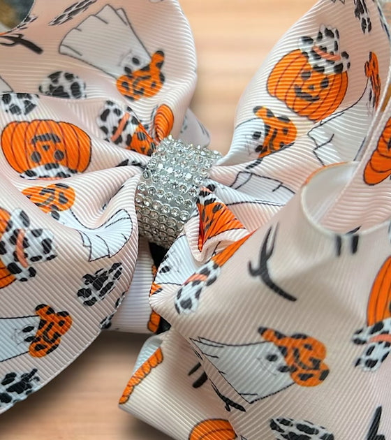 Ghost/pumpkin  printed double layer hair bows. (6.5"wide 4pcs/$10.00) BW-DSG-911