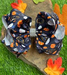  NAVY BLUE WITH MULTI COLOR PUMPKIN PRINTED HAIR BOWS. 7.5" WIDE 4PCS/ $10.00 BW-DSG-693