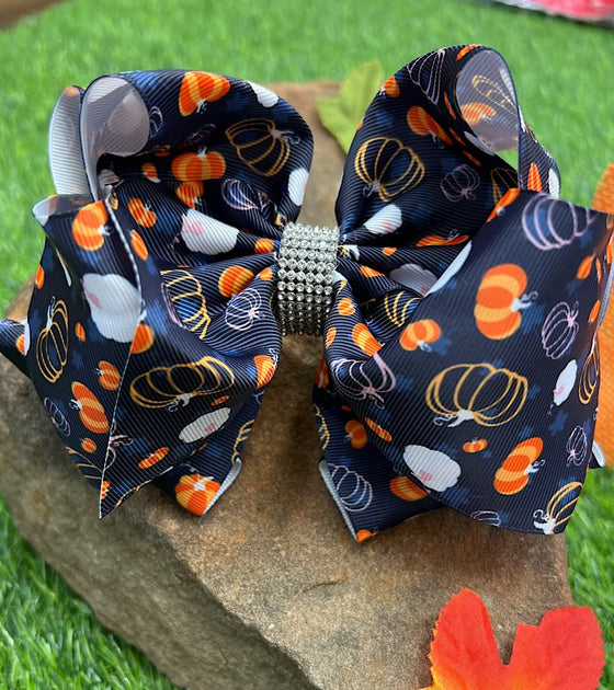 NAVY BLUE WITH MULTI COLOR PUMPKIN PRINTED HAIR BOWS. 7.5" WIDE 4PCS/ $10.00 BW-DSG-693